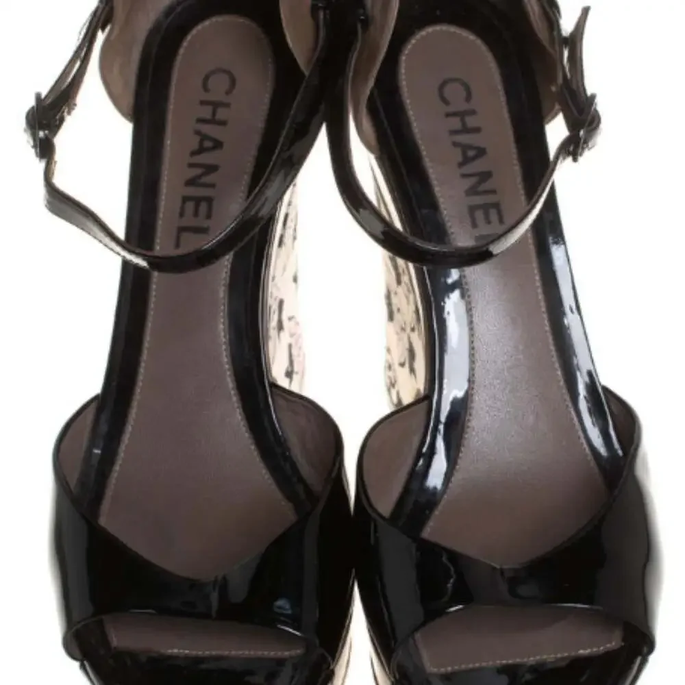 Chanel Black/Grey Patent And Leather Wedge Sandals Side 39.5